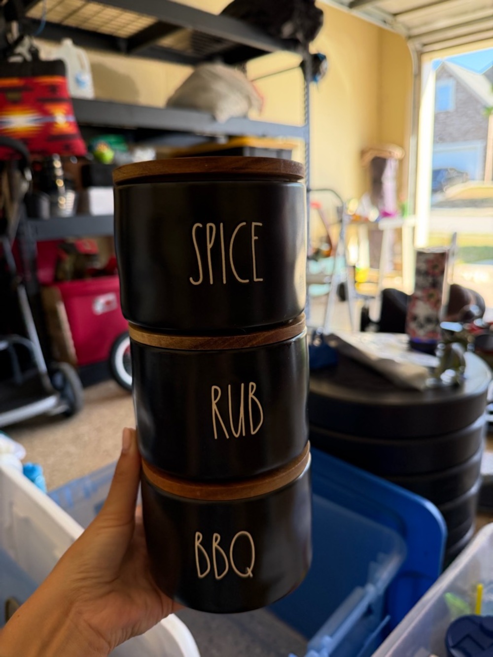 Rae Dunn Black Stackable Spice, Rub & BBQ Canisters with Wood Lids